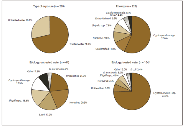 The figure shows recreational water-associated outbreaks of acute gastrointestinal illness that were reported in the United States during 1999-2008, by type of exposure and etiology. Of 228 exposures, treated water accounted for 71.9% and untreated water for 28.1%. Cryptosporidium spp. were associated with 57.0% of the 228 exposures and with 74.4% of the 164 exposures involving treated water.